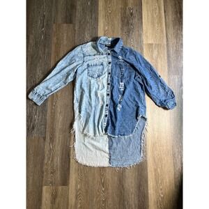 Thrill Jeans Denim Shirt Womens L Blue Excellent Distressed Two Tone High Low